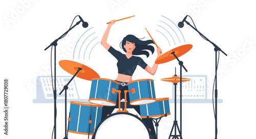Flat vector drummer performing on drum kit with dynamic sound waves. Ideal for music schools, rock event posters, practice materials, and creative studio visuals