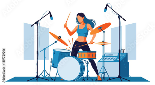 Flat vector drummer performing on drum kit with dynamic sound waves. Ideal for music schools, rock event posters, practice materials, and creative studio visuals