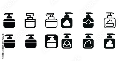 Monochrome liquid soap dispenser icons collection in various designs