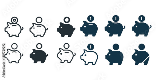 Icon set of piggy banks and coins in various styles and colors