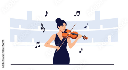 Flat vector violinist practicing classical music with elegant posture and soft notes. Ideal for orchestra ads, classical music schools, concert visuals, and learning materials
