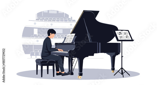Flat vector pianist performing on grand piano with sheet music stand. Ideal for piano lessons, classical concert promotions, music schools, and elegant creative designs
