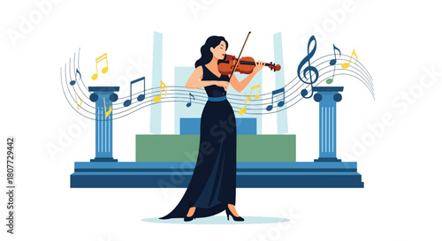 Flat vector violinist practicing classical music with elegant posture and soft notes. Ideal for orchestra ads, classical music schools, concert visuals, and learning materials