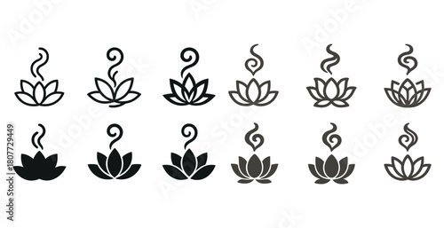 Collection of minimalist lotus flower icons with steam variations