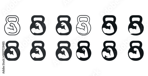 Set of kettlebell icons with arm muscle flex in various styles
