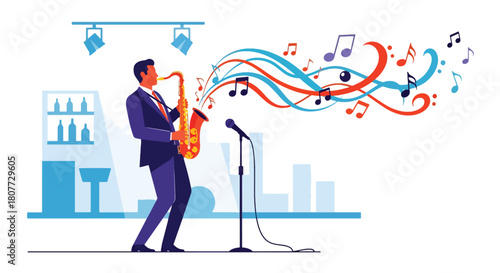 Flat vector saxophonist performing jazzy solo with swirling notes and warm tones. Ideal for jazz events, music posters, cultural promotions, and artistic illustrations