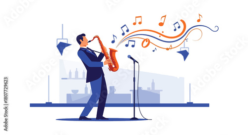 Flat vector saxophonist performing jazzy solo with swirling notes and warm tones. Ideal for jazz events, music posters, cultural promotions, and artistic illustrations