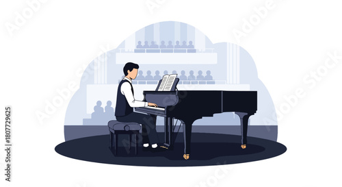 Flat vector pianist performing on grand piano with sheet music stand. Ideal for piano lessons, classical concert promotions, music schools, and elegant creative designs