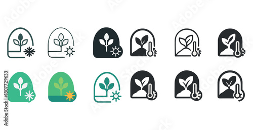 Set of twelve weather and plant growth icons with temperature and sun indicators