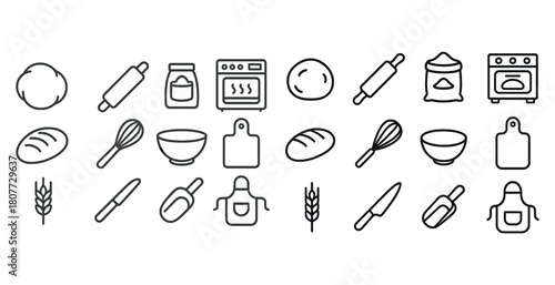 Baking icons set: kitchen utensils, bread, oven, dough, wheat