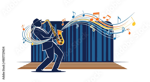 Flat vector saxophonist performing jazzy solo with swirling notes and warm tones. Ideal for jazz events, music posters, cultural promotions, and artistic illustrations
