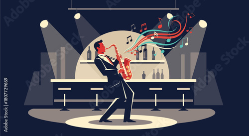 Flat vector saxophonist performing jazzy solo with swirling notes and warm tones. Ideal for jazz events, music posters, cultural promotions, and artistic illustrations