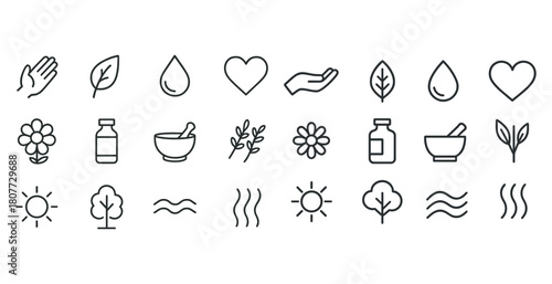Minimalist nature and wellness icons set: hands, leaves, water drops, hearts, sun, tree