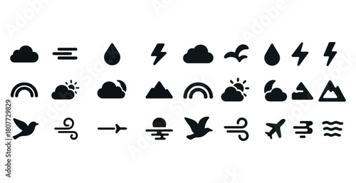 Weather icons set: clouds, rain, lightning, sun, wind, mountains, birds, airplane, waves
