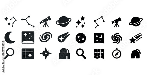 Astronomy icons set: telescopes, planets, stars, constellations, moons, and comets