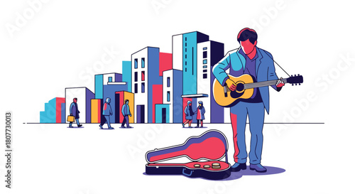 Flat vector street musician performing guitar with open case and urban backdrop. Ideal for culture blogs, street art promotions, travel designs, and music-related content