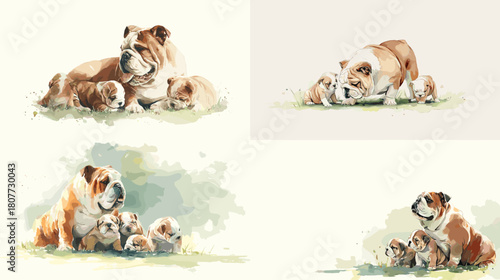 Watercolor illustration of a bulldog with playful puppies resting in a sunny grassy setting. Warm tones highlight affection, family bond, and the charming personality of the dogs.
