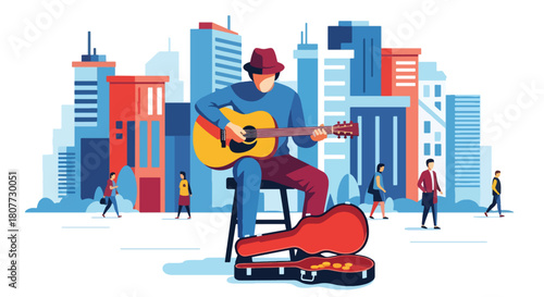 Flat vector street musician performing guitar with open case and urban backdrop. Ideal for culture blogs, street art promotions, travel designs, and music-related content