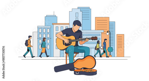Flat vector street musician performing guitar with open case and urban backdrop. Ideal for culture blogs, street art promotions, travel designs, and music-related content