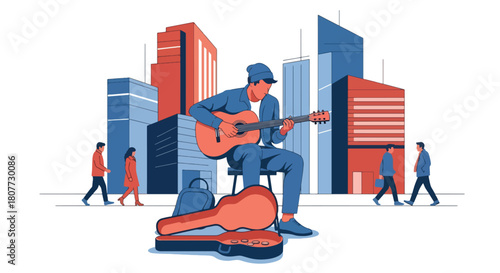 Flat vector street musician performing guitar with open case and urban backdrop. Ideal for culture blogs, street art promotions, travel designs, and music-related content