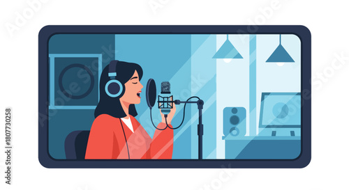 Flat vector vocalist recording inside soundproof booth with headphones and waveform icons. Ideal for recording studio ads, music production visuals, and creative promotional designs