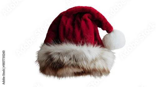 Full-length red Santa hat with luxurious faux fur trim on internal stand, soft velvety fabric with plush trim and pom-pom, elegant cozy winter festive accessory on transparent background