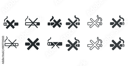 Set of no smoking icons with crossed out cigarettes in black and white