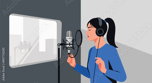 Flat vector vocalist recording inside soundproof booth with headphones and waveform icons. Ideal for recording studio ads, music production visuals, and creative promotional designs