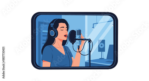 Flat vector vocalist recording inside soundproof booth with headphones and waveform icons. Ideal for recording studio ads, music production visuals, and creative promotional designs