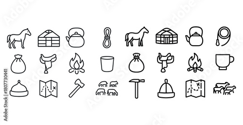 Nomadic life icons: horse, yurt, kettle, rope, campfire, tools, map