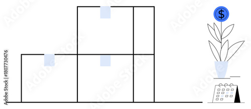 Stacked boxes symbolize organization, plant in a vase with a coin represents financial growth, and a calendar emphasizes planning. Ideal for finance, investment, management, productivity, planning