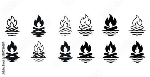 Monochrome campfire icon set in various styles and designs