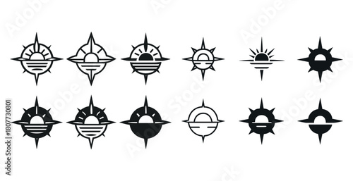 Collection of sun icons: various geometric designs and styles