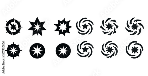 Black geometric star and spiral icons set