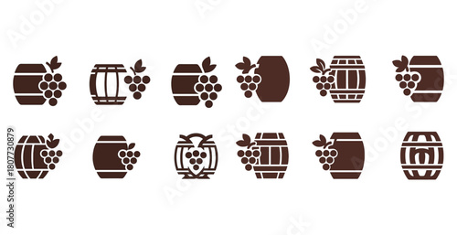 Wine barrel icons with grapes - variety of designs in brown tones