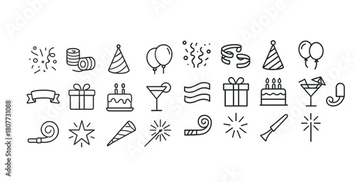 Celebration icons set: balloons, cakes, gifts, and party accessories