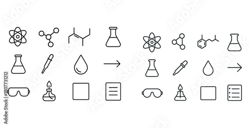 Chemistry icons set featuring beaker, atom, pipette, flask, safety goggles, and burner