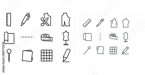 Icons of sewing and fashion design tools: ruler, pen, mannequin, scissors