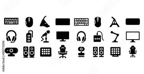 Vector icons of computer accessories and devices including keyboard, mouse, and speakers