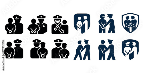 Law enforcement and justice icons featuring police and judicial figures