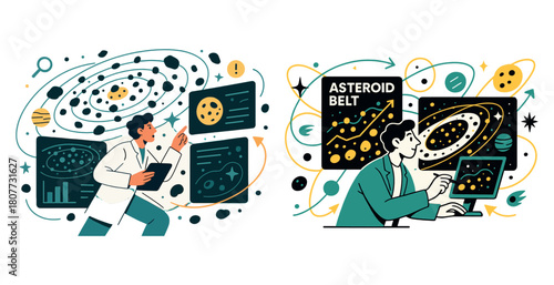 Caucasian male scientists analyzing asteroid belt data and planetary orbits with digital screens