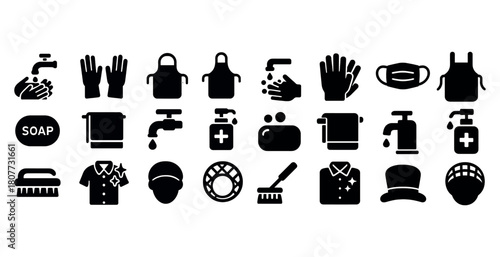 Hygiene safety icons: handwashing, sanitizing, masks, protective gear