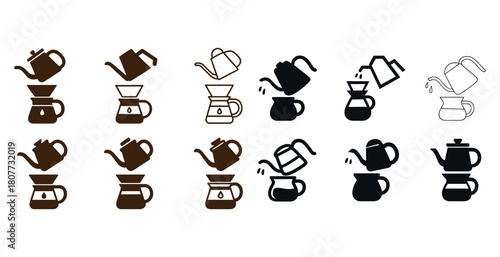 Coffee brewing icons: teapot and pour-over variations in brown and black