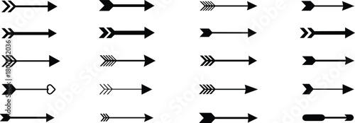 Collection of decorative arrow icons in various styles, minimalist direction symbols, black silhouette arrows for design elements, flat vector illustration