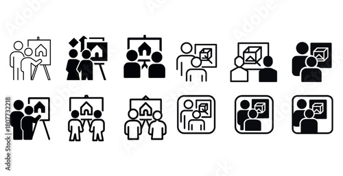 Icon set of people discussing architectural designs on easels