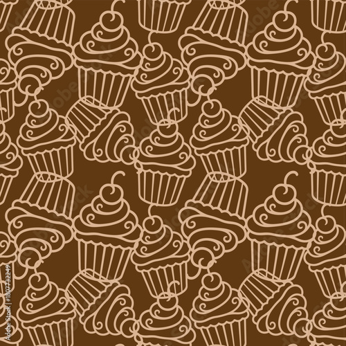 seamless pattern of adorable one-line art cupcakes 