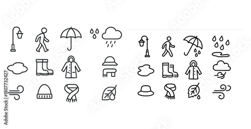 Weather icons: rain, wind, and clothing symbols for all seasons