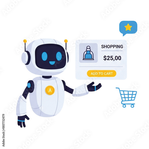 Modern robot assistant making online shopping easy and delightful, offering a seamless customer experience and boosting e-commerce sales with AI chatbot support