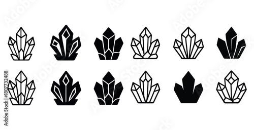 Geometric crystal icon set in black and white line art