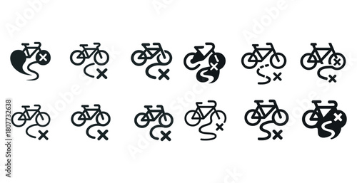 Minimalistic bicycle icons set with x mark motif